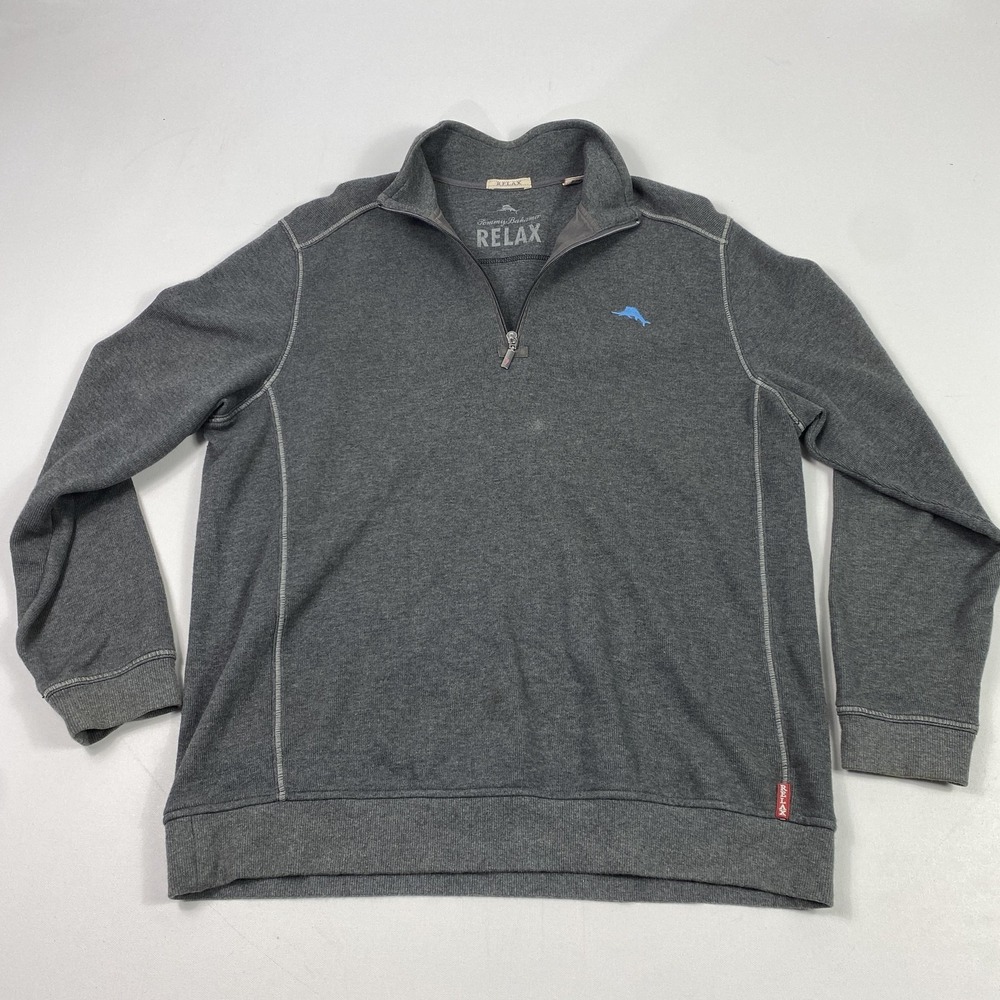 Tommy Bahama Sweater Mens Large Gray Relax Half‎ Zip Pullover Beach Logo Cotton